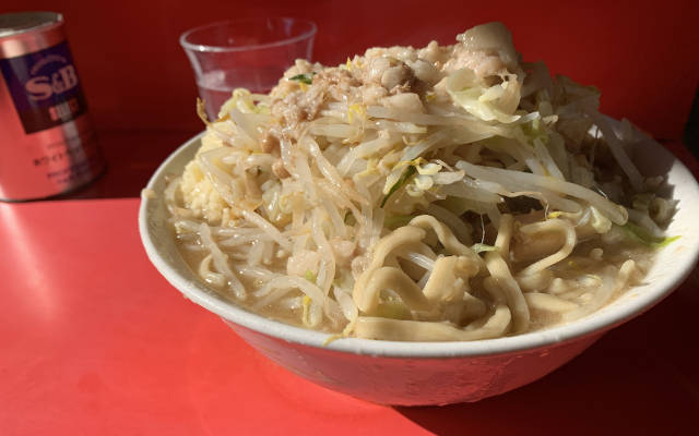 A huge heap of toppings at Ramen Jiro